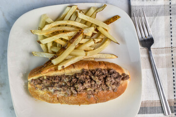 cheese burger sub  with a side of fries