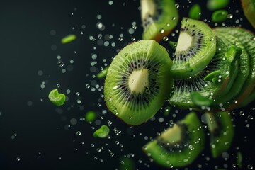 A kiwi explosion with bright green slices and seeds scattering outward, banner, with copy space