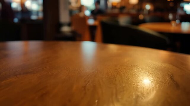 A wooden table with a blurry background. The table is surrounded by chairs and people. Scene is casual and relaxed