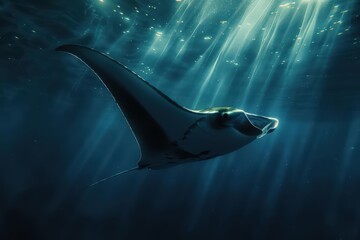 A manta ray soars through the water with radiant wings in an ultramodern, supernatural scene banner with copy space