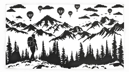 Fototapeta premium Spirit of adventure. Wall art design featuring hot air balloons, mountains and forests in the background. A man with a backpack is walking towards