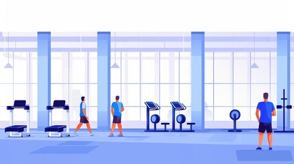 Obraz premium A modern fitness center with people using different exercise equipment, banner, with copy space