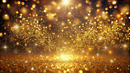 Naklejka premium Vibrant golden glitter particles suspended in mid-air create a mesmerizing abstract background, evoking festive holiday cheer and opulent luxury, perfect for seasonal designs.