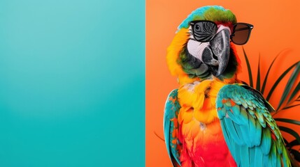 A parrot with vibrant feathers wearing a fashionable accessory, banner, with copy space
