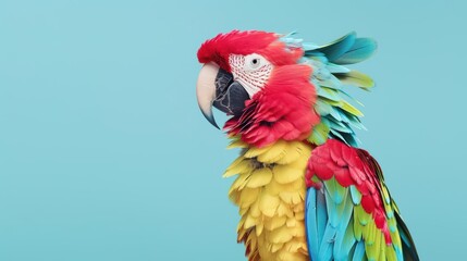 A parrot with vibrant feathers wearing a fashionable accessory, banner, with copy space