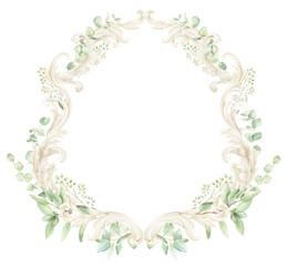 Watercolor ornate frame with green leaves, PNG wedding border, baroque border