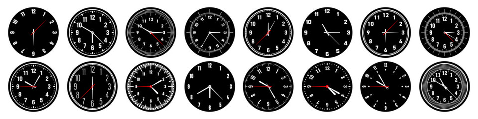 Mechanical clock faces with hands, bezel. Watch dial with minute, hour marks and numbers, arabic numerals. Timer or stopwatch element. Measuring circle scale with divisions. Vector illustration