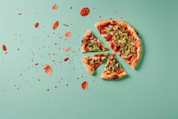 Fototapeta premium A pizza explosion with toppings flying off in all directions, banner, with copy space