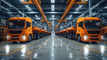 Warehouse about many Agricultural vehicle(Color Orange) at Factory. Generative AI.