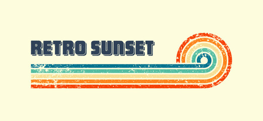 Grunge horizontal vintage sunset. Various colorful striped sunrise badges in 80s and 90s style. Sun and ocean view, summer vibes, surfing. Design element, print, logo or t-shirt. Vector illustration