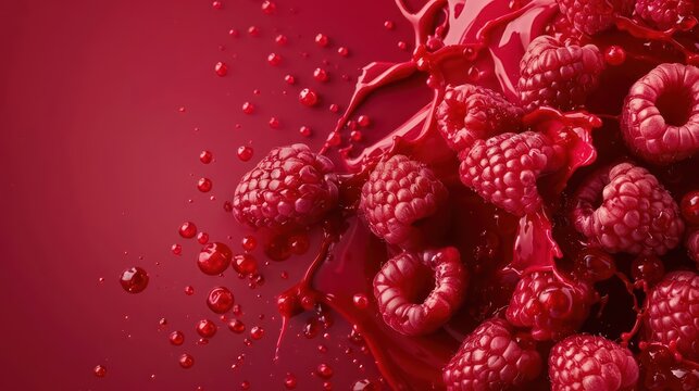 A raspberry explosion with juicy berries and vibrant splashes scattering, banner, with copy space