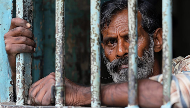 A middle aged Indian man sits behind bars in a prison cell.