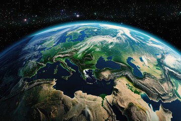 A stunning view of the Earth from space, revealing the continents of Europe and Asia in vivid detail