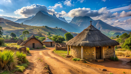 Rural African village scene with a small stone church, traditional thatched roof huts, and a worn dirt path leading to a distant mountain range.