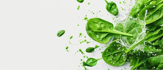 A spinach explosion with fresh leaves and juice bursting dynamically, banner, with copy space