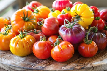 A large pile of tomatoes of various colors, including red, yellow, and purple