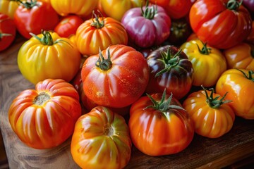 A bunch of tomatoes of different colors are piled on a wooden table