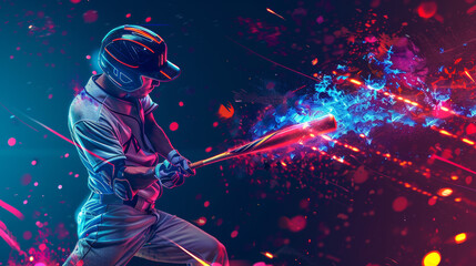 A baseball player swings the bat with great force. The background is dark with colorful neon shapes. The image represents art, creativity, sports, energy, and power.