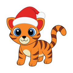 Baby tiger with Santa hat vector illustration.