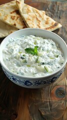 Tzatziki - Greek yogurt sauce. Traditional Tzatziki yoghurt sauce with cucumbers, olive oil and spices. AI generated illustration