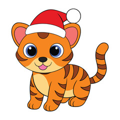 Baby tiger with Santa hat vector illustration.