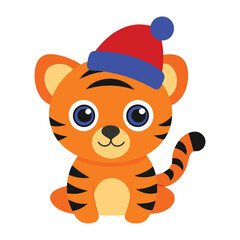 Baby tiger with Santa hat vector illustration.