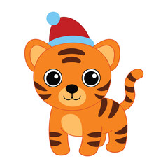 Baby tiger with Santa hat vector illustration.