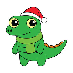 Cute crocodile in Santa hat and scarf vector illustration.