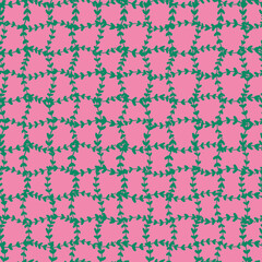 blue leaf check seamless repeat pattern. Botanical, vector grid aop, all over surface print on pink background.