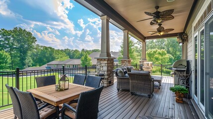 A luxury elevated deck with wicker patio furniture wood dining table with chairs ceiling fan in backyard