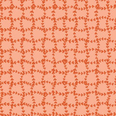 Leaf check seamless repeat pattern. Botanical, vector grid aop, all over surface print on orange background.
