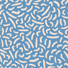 Random white strokes seamless repeat pattern. Vector lines aop, all over surface print on blue background.