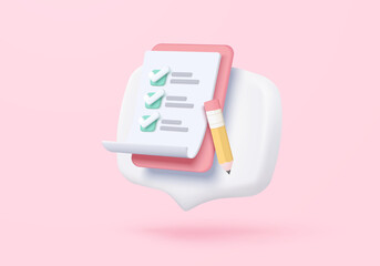 3d white clipboard task management todo check list, assignment and exam checklist  with pencil icon, efficient work on project plan, fast progress, level up concept. 3d todo check icon vector render