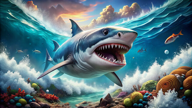 Fierce cartoon shark with razor-sharp teeth and bulging eyes aggressively emerges from ocean waves, surrounded by turbulent water and coral reef debris. - Powered by Adobe