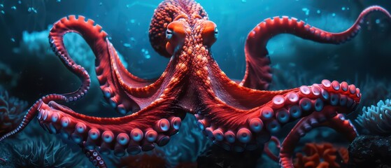 Obraz premium An octopus is depicted with glowing, outstretched tentacles in a mesmerizing underwater scene in an ultramodern, supernatural scene banner with copy space