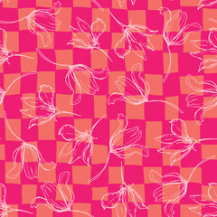 Grid floral seamless repeat pattern. Random placed, vector botany plants aop, all over surface print on pink and orange check background.