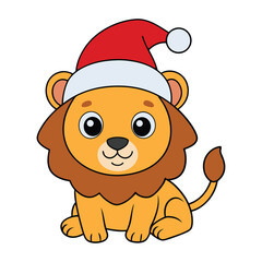 Happy new year merry Christmas funny lion in Santa hat vector illustration.