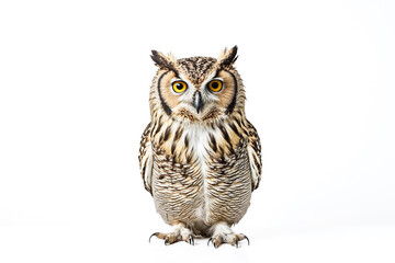 Obraz premium Owl with Yellow Eyes Looking Straight Ahead Isolated on White Background