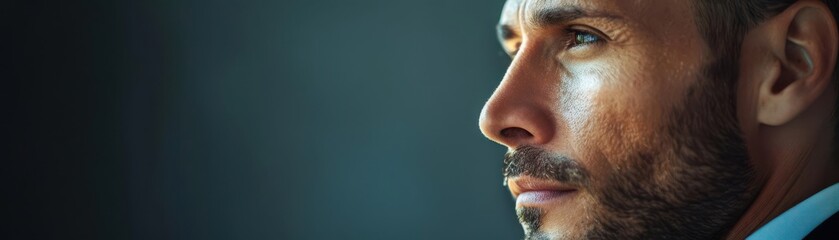 A businessman in expectation, leaning forward with anticipation in a minimalist office with a blank background, closeup shot, high contrast lighting, expressive portrait style