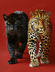 A Panther With White Spots And A Leopard Walking Together, Looking At The Red Background Of The Camera
