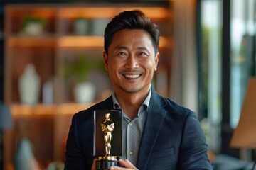 A businessman showing adoration, holding an employee award in a sleek office with a blank background, closeup shot, soft lighting, professional portrait style