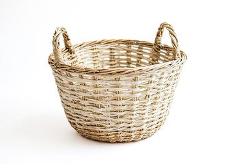 Woven Basket with Handles Isolated on White Background