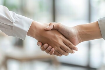 A CEO showing affection, warmly shaking hands with a team member in a sleek office with a blank background, closeup shot, soft lighting, professional portrait style