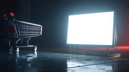 Sale light box in shopping cart with price tag at dark studio room banner size. Mock up header leaves space for adding text or design to promote business campaigns online design