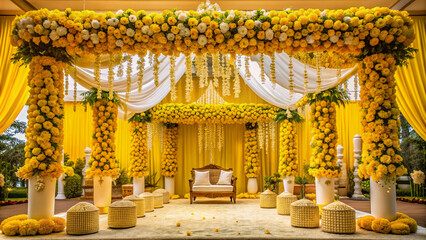 Vibrant yellow and white flowers beautifully adorn the intricately designed Indian wedding mandap, creating a breathtaking and festive atmosphere for the special day.