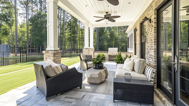 A peaceful outdoor living space alongside a ceiling fan