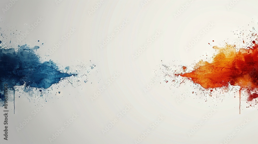 Wall mural   Orange and blue paint splashes on white background, red and blue paint on left side