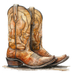 watercolor brown cowboy boots isolated vintage style