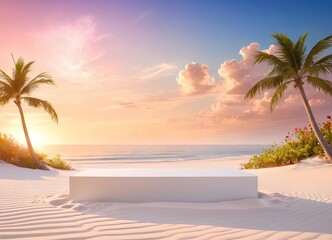 Translucent Acrylic Podium Centered Tranquil Beach White Sands Coastal Feel

