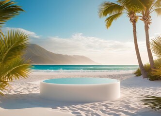 Sleek Acrylic Podium Empty Top Smooth White Sands Beach Backdrop Gentle Waves
